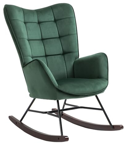 FURNISH 1 Schaukelstuhl zum Stillen, grün, aus weichem Samt, für Wohnzimmer, Schlafzimmer, Freizeitsessel und Entspannung, Retro, mit Metallfuß, Holz im skandinavischen Stil, für Stillzimmer