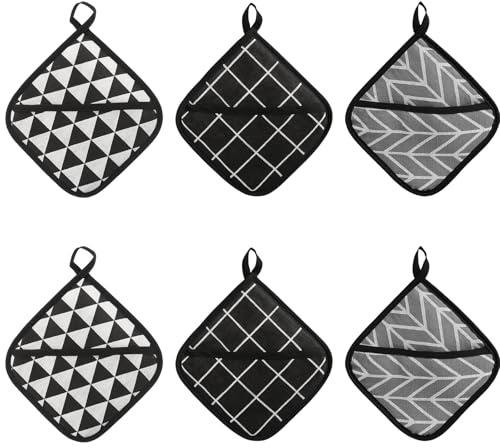Topflappen Set 6-teilig - Graue Rauten, Schwarzes Karo und Schwarz-Weiße Dreiecke mit Geometrischen Mustern, Hitzebeständige Topflappen für Küche, Spülmaschinenfest