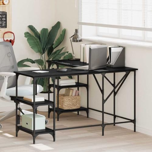 Hoopleep L-förmiger Schreibtisch, Schwarz Eichen-Optik, 139x139x75 cm, mit 4 Regalen, Holzwerkstoff, ideal für Home-Office und Büro
