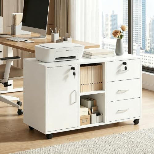 buybyroom Rollcontainer mit 3 Schubladen, 2 offenen Fächern und Einer Tür, Abschließbar Büroschrank mit 4 Rollen, Holz Mobiler Aktenschrank Schreibtisch Unterschrank Bürocontainer, Metallgriff, Weiß