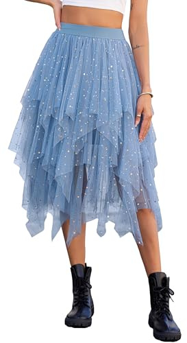 Lovasy Pailletten Rock Damen Tüllrock Schwarz Knielang High Low Layered Faltenrock Midi Rock A-Linie Unregelmäßiger Puffy Fee Tutu Röcke