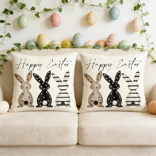 Kissenbezug Ostern 2er Set 45x45 Cm, Deko Kissenhülle Hase Modern Für Sofa Wohnzimmer, Leinen Optik Dekokissen Ostern Deko Für Zuhause & Garten, Vintage Zierkissenbezüge Frühling Osterhasen Design