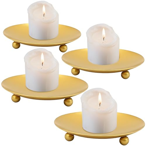 4 Stück Kerzenständer Gold für Stumpenkerzen, Für Alltag und Reise | Für stumpenkerzen: Elegante Kerzenteller und Dekorativer Kerzenhalter aus Metall, Schlichte Kerzenschale für Hochzeit.