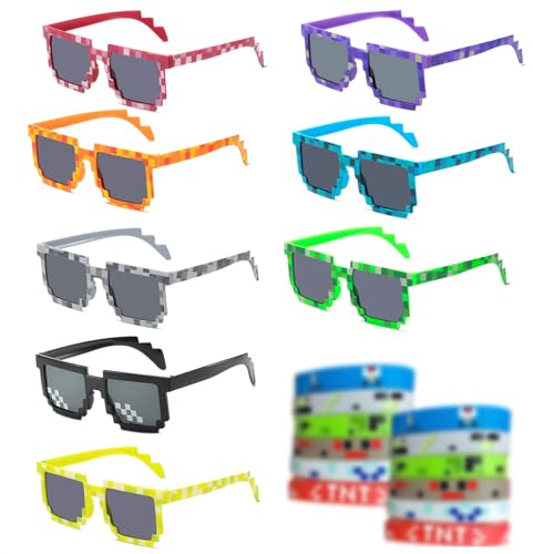 20-delars solglasögon festpaket: 8 Pixel-solglasögon Thug Life & 12 Silikonarmband för barn och vuxna – Perfect för cosplay, karneval, Halloween & födelsedagskalas
