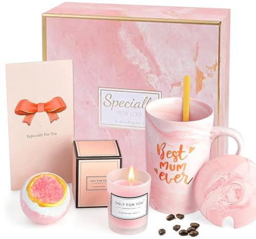 Mothers Day Gifts – Mum Gifts Pamper Hamper Set with Coffee Mug, Spoon, Bath Bomb & Lavender Candle, Personalised Birthday Christmas Valentines Presents for Mum from Daughter Son