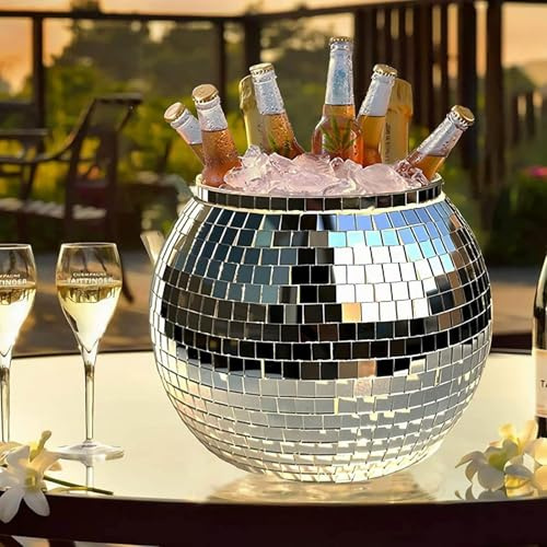 Disco Ball Ice Bucket | 3L Mirror Silver Decor | Reflective Drinkware for Champagne, Beer & Wine | Large Bar Beverage Tub for Restaurant, Kitchen, Parties, and Home Cocktail Events