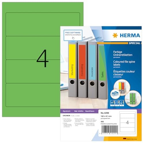 HERMA 4299 Ordnerrücken Etiketten kurz breit, 100 Blatt, 192 x 61 mm, 4 pro A4 Bogen, 400 Stück, selbstklebend, bedruckbar, blickdicht, blanko Papier Ordneretiketten Rückenschilder Aufkleber, grün