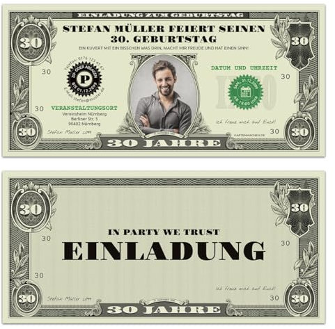 Kartenmachen.de Geburtstagseinladungen als Dollarschein (10 Stück) - Einladungskarten zum Geburtstag