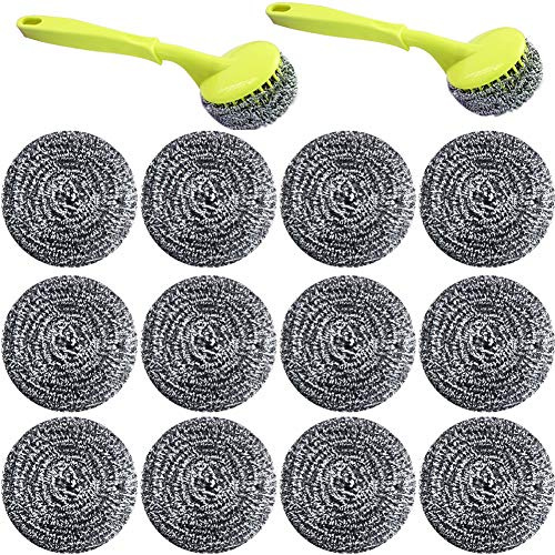 18 PCS Stainless Steel Sponges Scrubbers Cleaning Ball Utensil Scrubber Metal Scrubber Scouring Pads Ball for Pot Pan Dish Wash Cleaning for Removing Rust Dirty Cookware Cleaner with Handle (18 Pack)
