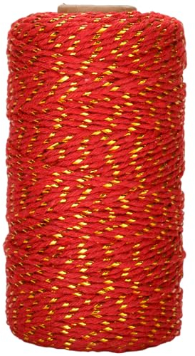 G2PLUS Rot Baumwollschnur mit Goldschnur, 100M Bäcker Bindfäden Naturliches Baumwollgarn, 2MM Bastelschnur Baumwollkordel Schnur Perfekt für DIY Kunstgewerbe Gartenarbeit, Rot