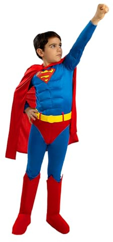 Funidelia Offizielles Superman Deluxe Kostüm für Kinder, Overall mit Muskeln, Gürtel, Umhang und Stiefelüberzüge, Superhelden - Outfit für Kinder für Partys, Karneval und Halloween