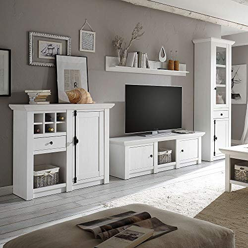 Lomadox Wohnzimmer Wohnwand im Landhaus-Stil Pinie weiß Nb. inkl. LED B/H/T ca. 340x207x45cm