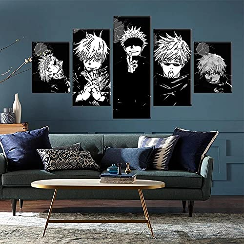 Wondbeau Leinwanddrucke Modulare Wandkunst Wandaufkleber 5 Teiliges Wandbild Druck auf Leinwand Malerei Moderne Abstrakte Poster Mit Rahmen L/150cm×80cm Jujutsu Kaisen,Gojo Satoru Und Yuji