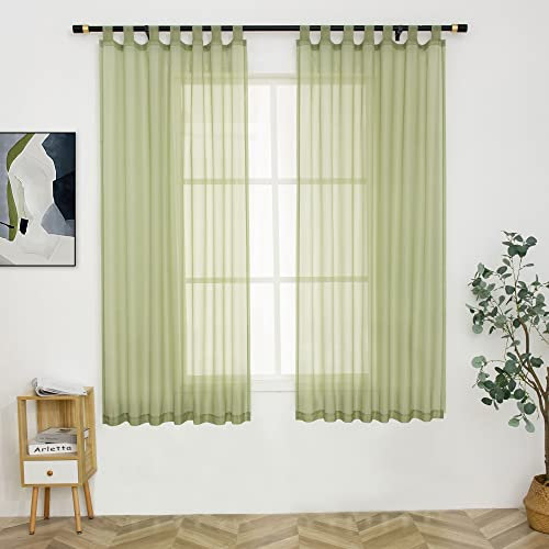 Sage Green Sheer Curtains for Bedroom 63 Inches Long Light Filters Tab Top Sheer Curtains for Living Room，Pergola,Porch,Cabana Gazebo Indoor/Outdoor Voile Sheer Drapes,52 X 63 Inch