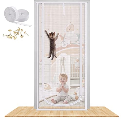Cat Screen Door, MYPIN Upgraded 31.5X82” Heavy Duty Magnetic Screen Door for Cats Anti-mosquito Door Curtain Pet Fly Screen Door with Bilateral Zipper, Prevent Dogs Cats Running Out from Home(S)