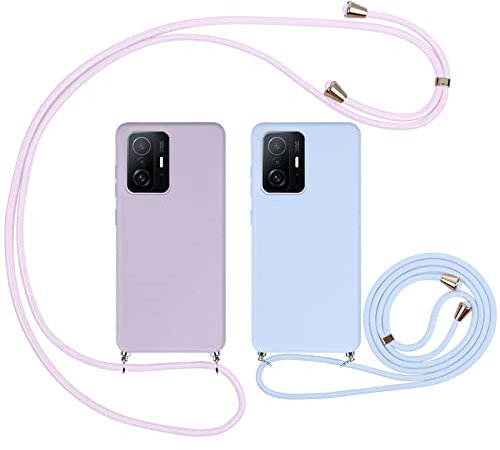 Vauki Handykette Hülle für Xiaomi 11T/11T Pro 5G 6.67【2 Stück】,Weiche Silikon Stoßfest Kratzfest Handyhülle mit Band,Einstellbar Abnehmbar Kordel zum Umhängen,Necklace Lanyard Schutzhülle-Lila+Blau