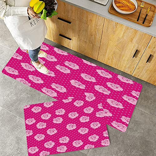 Küchenteppich Teppich Läufer Küchenläufer 2 Stück rutschfest,Pink, Schöne Hellrosa Rosen auf Weiß Gepunkteter Pink Hintergrund Liebe Dekorativ, Pink He, Waschbar für Flur Küche 40 x 100 cm+40 x 60 cm