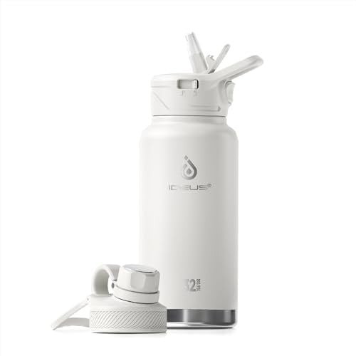 IDEUS Insulated Water Bottle with Straw 32 oz (950 ml), with 3 Leak-Proof Wide Mouth Lids Stainless Steel Water Bottles, Keeps Hot & Cold, Great for Hiking & Biking, White