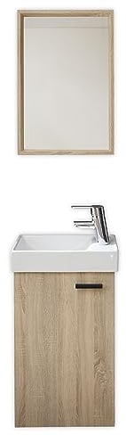 AMY Waschbecken mit Unterschrank und Spiegel in Eiche Sonoma Optik - Kompakter Waschtisch ideal für Gäste WC - 41 x 165 x 23 cm (B/H/T)