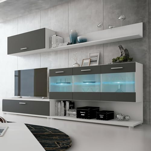 Somnia Descanso - Mueble de Salón Moderno con Leds, Módulos de Comedor, Modelo Nilo, Acabado en Blanco y Grafito, Medidas: 250 cm (Ancho) x 115 cm (Alto) 40 cm (Fondo)