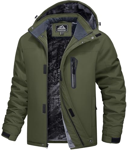 MAGCOMSEN Snowboardjacke Herren Wasserdicht Skijacke Warm Fleece Winterjacke für Bergsteigen Camping Herren Softshell Outdoorjacke Atmungsaktiv Gefüttert Wanderjacke Armeegrün XL