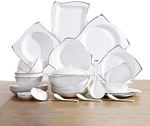 Service de vaisselle en céramique avec bol/pot à soupe/cuillère 48 pièces | Ensembles de vaisselle Bone China, ensemble de combinaison de porcelaine à motif de ligne dorée