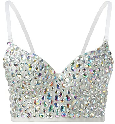 LOSSLO Korsett Top Damen Party -Bustier Damen Sexy Glitzer Crop Top Push Up BH Strass Spaghetti Tank Top Trägertop Sparkle Corsage Schlanke Weste Rave Clubwear Unterhemd Top Camisole Tanktops Frauen