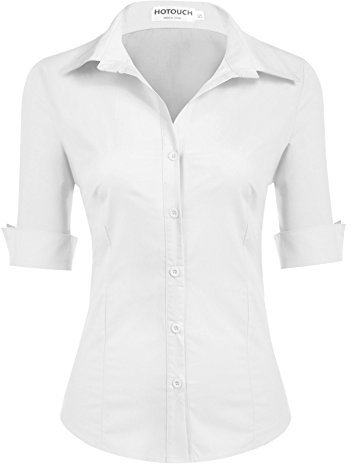 HOTOUCH 3/4 Sleeve Tops for Women UK Ladies White Shirts Cotton Work Blouse Fitted Blouses Office Shirt Button Down V-Neck Tops White M