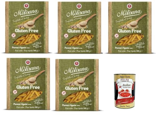 Italian Gourmet Penne Rigate Pasta senza glutine Reis Mais Quinoa, 5 x 400g | Formato n.20, cottura al dente; vollmundige Konsistenz für Saucen und, Gesamtnettogewicht 2 kg + Kostenlos Polpa 400g