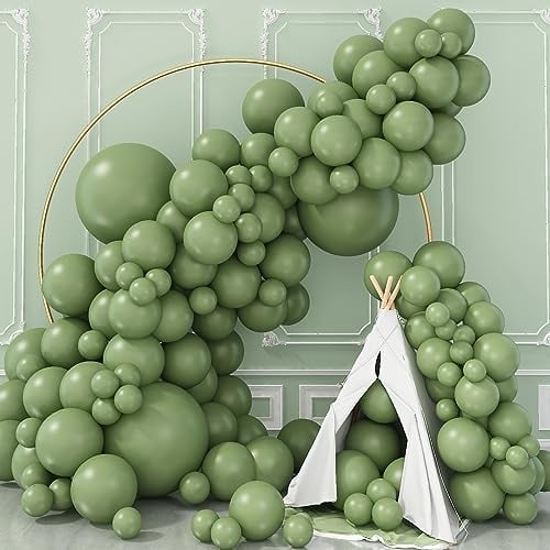 Sage Green Balloons Double Stuffed, 18/12/10/5 Inch Retro Olive Green Balloons Different Sizes Avocado Eucalyptus Green Latex Balloon Arch Kit for Jungle Safari Birthday Baby Shower Party Decorations