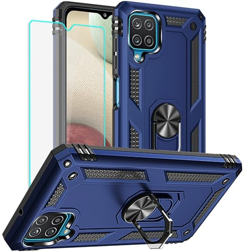Yiakeng for Samsung A12 Phone Case with Screen Protector, Silicone Shockproof Military Grade Protective Phone Cover with Ring Kickstand for Samsung Galaxy A12 (Blue)