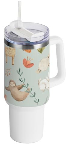 ZRWLUCKY Wasserfarben-Tiere, Vakuumbecher mit Deckel und Strohhalm, für Kinder, breite Öffnung, isoliert, 1,2 l