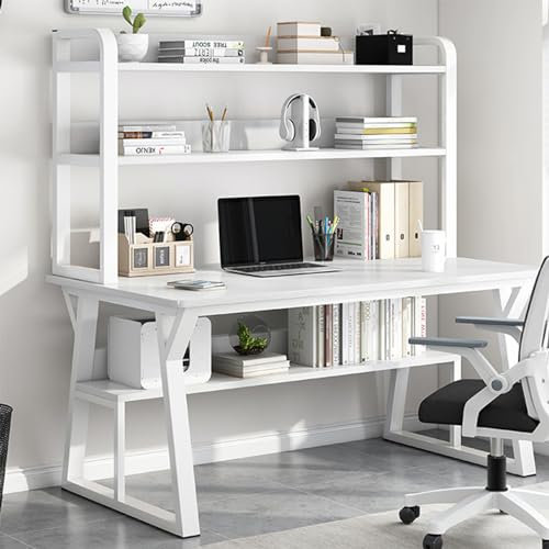 Modern Space Saving Computer Desk with Hutch and Bookshelf - Home Office Study Table with Metal Frame Workstation Desk