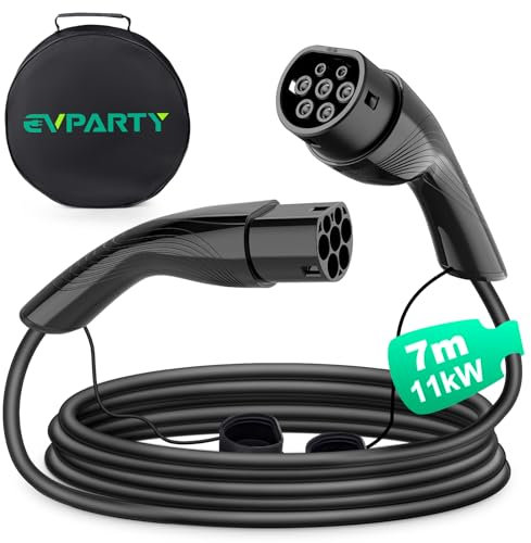 EVPARTY Typ 2 Ladekabel 11kW 7m 16A 3-Phasig für EV/PHEV Elektroautos Typ 2 auf Typ 2 Kompatibel mit Model Y/3/S/X, ID.3, ID.4, ID.5, Q4 E-Tron, IONIQ 5, Kona usw (Schwarz)