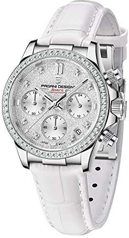 Pagani Design Luxus Damen Quarzuhr Diamanten Japanisches Uhrwerk Synthetischer Saphir Edelstahl Lederband Wasserdicht Multifunktions Chronograph Uhren, weiß