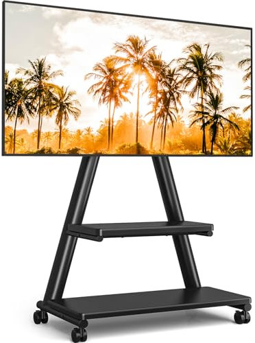 TVON Rolling TV Stand for 43-80 TVs up to 150lbs, Portable TV Stand on Wheels with Enhanced Triangular Design, Height Adjustable Mobile TV Cart with Swivel/Tilt/Dual Shelves for Indoor/Outdoor Use