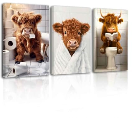 LZIMU Hochlandkuh Badezimmer Wanddekoration Kuh in Badewanne Poster lustiges Bauernhoftier Wandbild Rinder in der Toilette Kunstdrucke Leinwandschild (Braun, 30.00 x 40.00 cms x 3PCS)