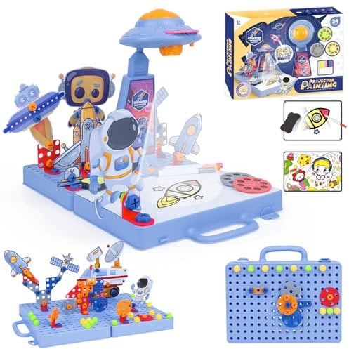 ANYCESO Projector Drawing Board for Kids, Tracking and Drawing Board, 3-7 Year Old Kids Projector with Music, Coloured Pencils, Scrapbook, Sticker Book (Blue)