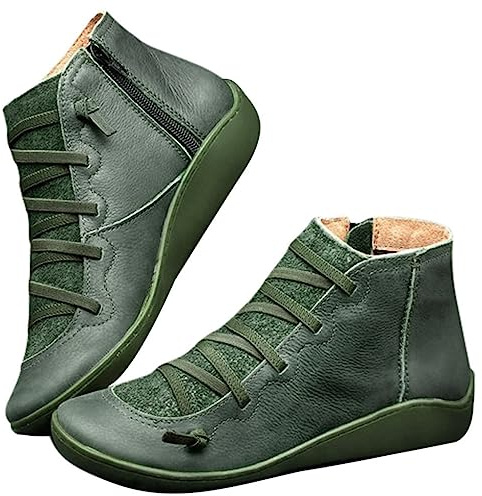 Botas de mujer planas de piel sintética suave botines de tobillo suave y cómodo zapatos medievales vintage con cordones con cremallera lateral botas de invierno y nieve impermeables, 02 verde., 39 EU