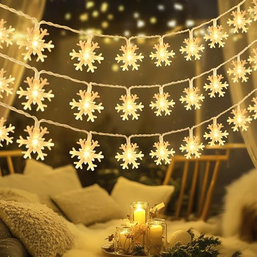 Catena Luminosa Fiocco di Neve 40 Stelle 6M Batteria 2 Modalità Luci Stringa Natalizie Decorazione, per Albero di Natale, Halloween, Matrimonio, Decorazione della stanza, Party, Bianco Caldo