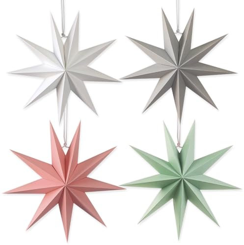 JSTHHTT 4 Stück Faltstern Weihnachten, 30cm Papiersterne Weihnachten, 9 Zacken Faltsterne, Papier Stern Dekoration, für Weihnachtsdeko, Tischdeko, Hochzeit, Zimmer (Weiß, GrüN, Grau, Rosa)