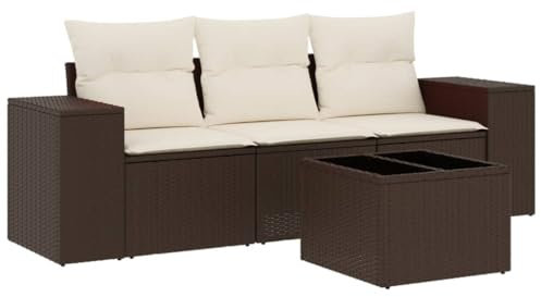 vidaXL Garten Sofa Garnitur 4-TLG., Gartenmöbel Set mit Kissen, Sitzgruppe für Garten Terrasse, Modular Gartensofa Lounge Tisch, Braun Poly Rattan