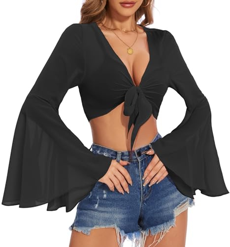American Trends Bell Sleeve Top for Women Long Sleeve Tie Front Crop Top | Sheer Mesh Blouse with Deep V Neck Lightweight Cover Up for Festival Beach and Party Rave Tops