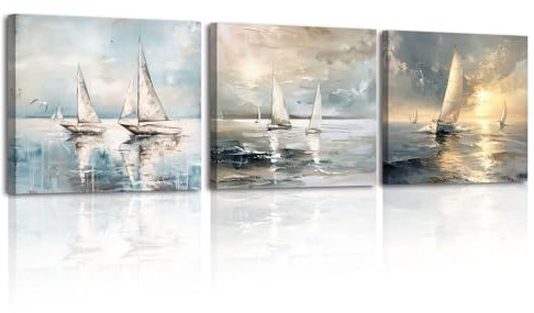 PIY PAINTING Peinture Sur Toile d'Un Voilier, Impression Sur Toile Océan, Sunrise Affiche d'Art Moderne, Facile à Accrocher Pour Le Salon Bureau Salle De Classe Salle De Réunion, 3x 30x30cm (90x30 cm)