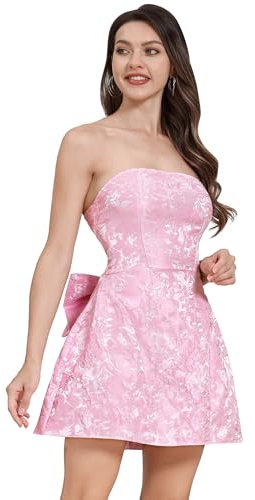 IBAKOM Robe de cocktail élégante pour femme - Robe de soirée pour mariage - Sans manches - Avec nœud - Robe de soirée - Mini robe d'été sans bretelles - Robe corset - Robe de bal, Rose, S