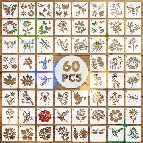 EAPIKON 60stk Blume Vogel Schablone Malen, 7.62cm Wiederverwendbar Zeichenschablonen für Acryl-Malerei Art Deko, Vorlagen Insekt Schmetterling für Holz Leinwand Scrapbooking, Wanddekoration