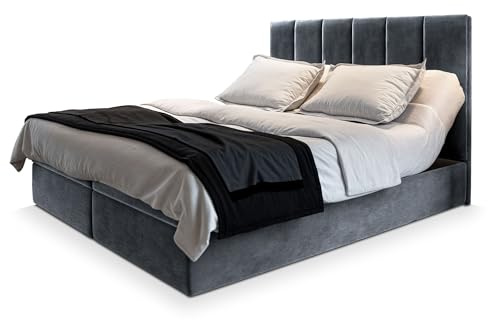 Masseno Boxspringbett BARINO 160x200 cm Komplett-Set mit Matratze und Topper, Polsterbett mit Zwei Bettkästen -Grau, Paros 06
