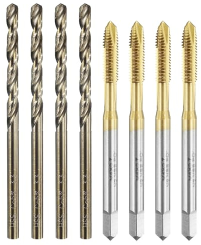 QUARKZMAN 4 Set M4 x 0,7 Metrische Gewindebohrer & 3,3 mm Spiralbohrer | Spiralpunktgewindeschneidbohrer Set, Titanbeschichtet/Röstgelb HSS 6542/M35 HSS CO Maschinengewindebohrer
