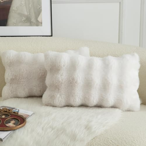 Mandioo 2er Set Luxus Dekorativ dicken Woll Kissenbezug Super Soft Wave Blase Plüschwolle werfen Kissenbezüge Zierkissenbezüge Sofakissen Schlafzimmer Kissenhülle für Sofa 40x80cm Cremeweiß