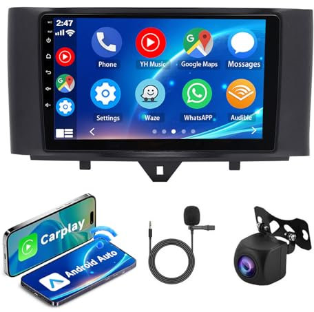 Android 14 Car Stereo For Mercedes Benz Smart Fortwo 2010-2015 with Wireless Carplay/Android Auto Autoradio Touch Screen 9inch 2 Din Head Unit MirrorLink/Bluetooth/SWC/WiFi/USB/Camera